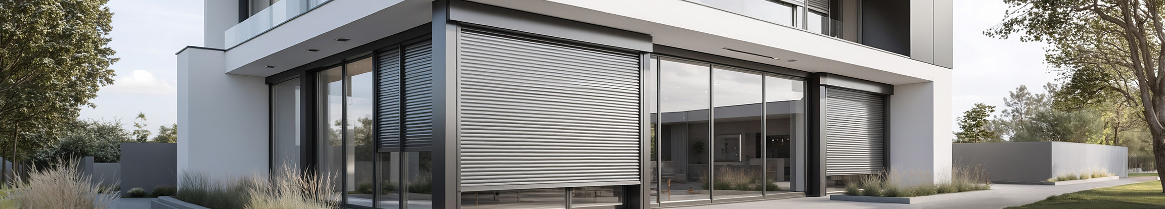 Aluminium-Rollläden an moderner Hausfassade mit großen Fensterflächen für Sonnen-, Sicht-, Wärme- und Einbruchschutz.
