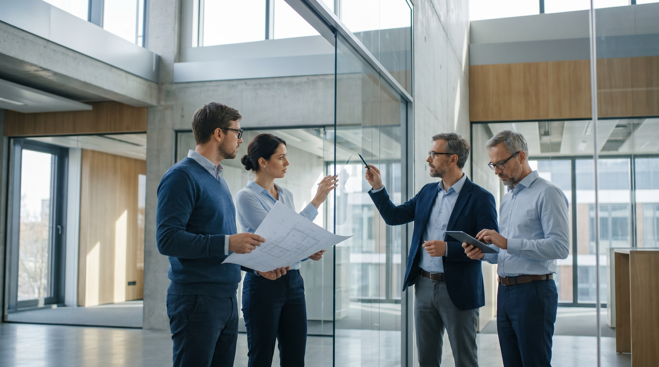 Planungsbesprechung in einem modernen Bürogebäude mit großflächigen Glaswänden und transparenten Raumkonzepten.