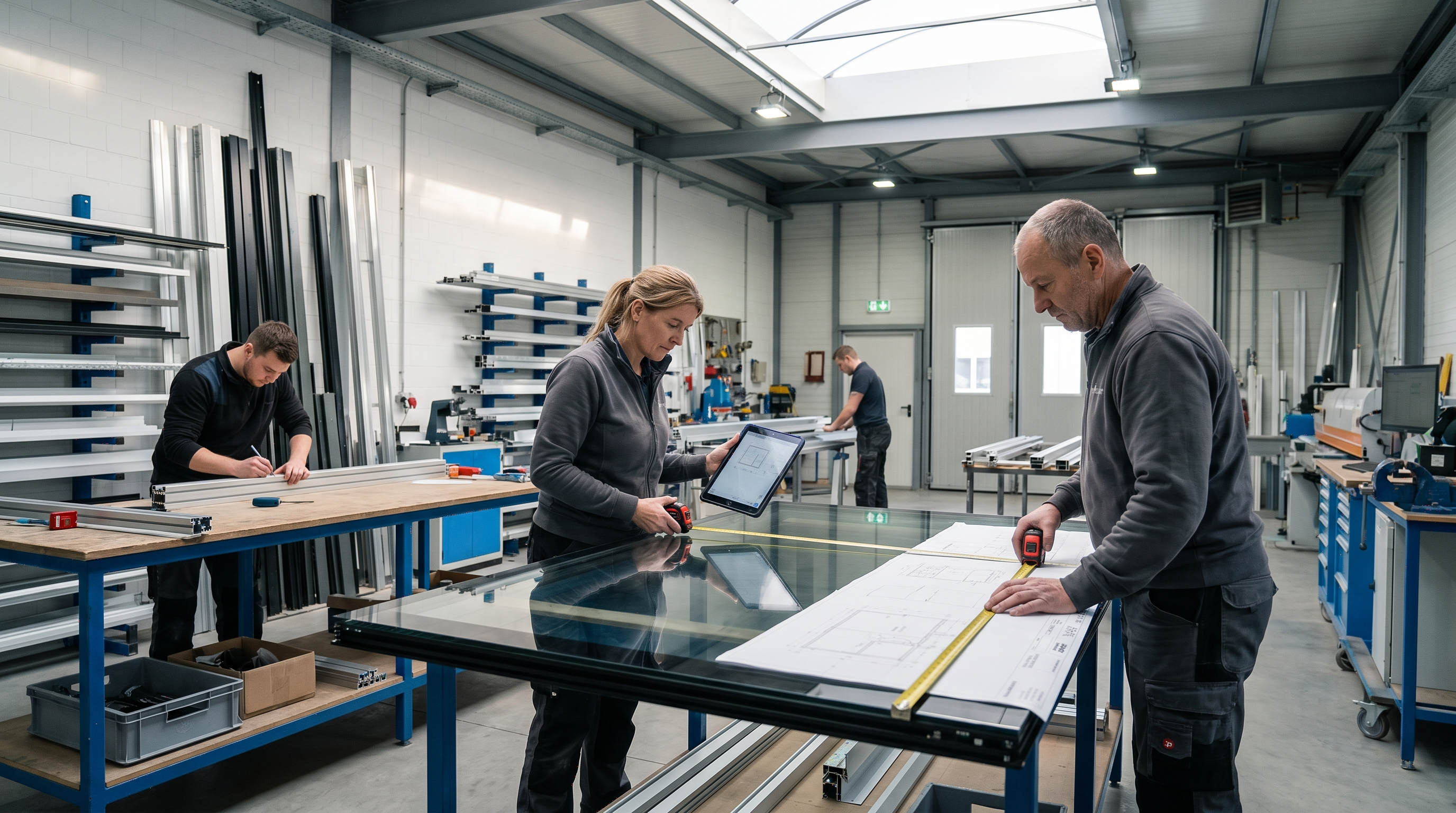 Fertigung und Bearbeitung von Glas- und Metallelementen in einer modernen Werkstatt für den Objektbau..