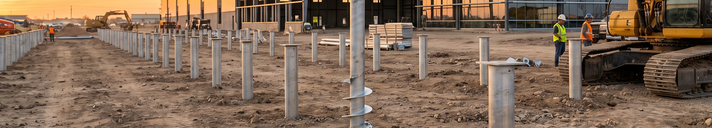 Schraubfundamente auf einer Baustelle für Gewerbe- und Industriebauten als schnelle und tragfähige Fundamentlösung ohne Beton.
