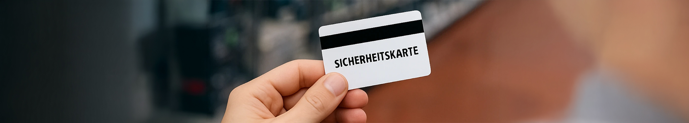 Hand hält eine Sicherheitskarte für die Zutrittskontrolle in Unternehmen und Gebäuden, Symbolbild für moderne Zugangssysteme und Gebäudesicherheit.