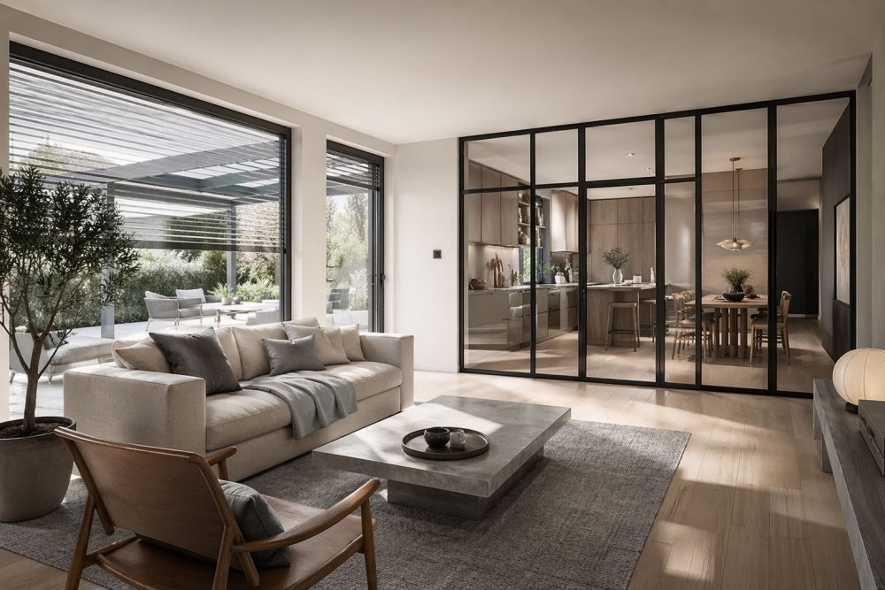 Moderne Hausfassade mit Terrasse, Glasüberdachung und großen Fensterflächen; mehrere gelbe Plus‑Symbole sind über dem Bild verteilt und markieren unterschiedliche Bereiche wie Rollladen, Terrasse, Überdachung und Fassade.