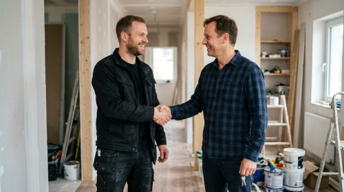 Handschlag zwischen Geschäftspartnern auf einer Baustelle als Symbol für langfristige Kundenbeziehungen, Vertrauen und erfolgreiche Zusammenarbeit.