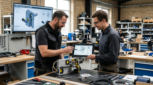 Mitarbeitende entwickeln technische Lösungen mit digitalen Werkzeugen und modernen Fertigungstechnologien für Industrieanwendungen.