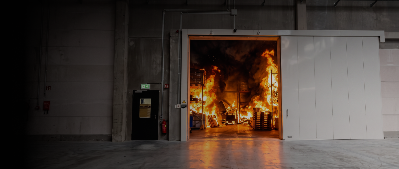 Brandschutz-Schiebetor in Industriehalle mit Feuersimulation zur Prüfung von Brandschutzelementen für Gewerbe und Industrie.