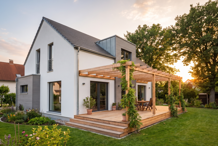 Nachhaltige Schraubfundamente für Terrassenbau, Pergolen und Anbauten im privaten Wohnbereich.
