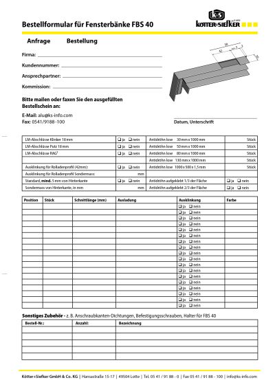 Anfrage- Bestellformular Fensterbänke FBS 40