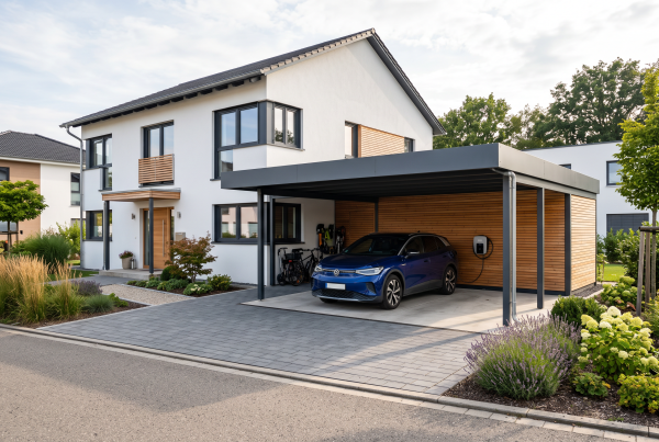 Carport auf Schraubfundamenten als tragfähige Fundamentlösung für Fahrzeuge und moderne Holzbaukonstruktionen.