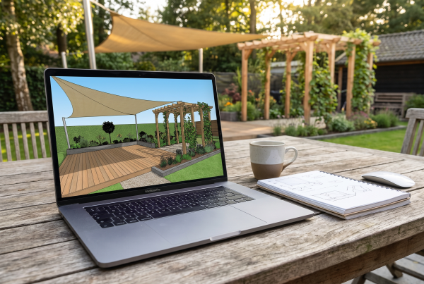 Digitale Planung einer Terrasse mit Überdachung auf Schraubfundamenten zur präzisen Projektvorbereitung im Außenbereich.