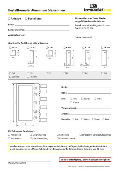 Anfrage- Bestellformular Aluminium Glasrahmen