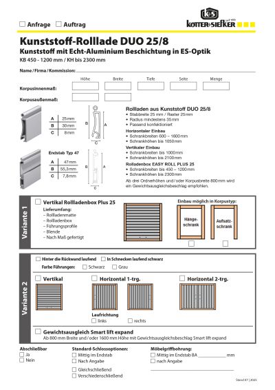Anfrage- Bestellformular Kunststoff-Rolllade DUO 25/8
