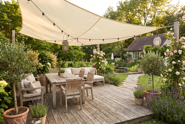 Terrasse mit Sonnensegel auf Schraubfundamenten als nachhaltige Fundamentlösung für den Garten- und Landschaftsbau.